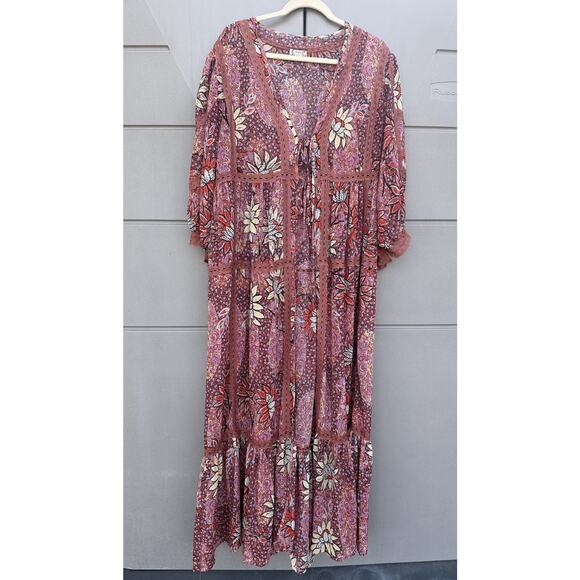 Free People Maxi Kimono Sheer Floral Rose Combo Robe Duster Cover-Up Sz M/L Boho - Picture 4 of 16